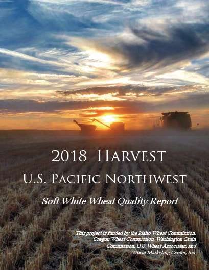 A combine harvests wheat in a field at sunset under a cloudy sky. Text over the image reads: 2018 Harvest U.S. Pacific Northwest Soft White Wheat Quality Report. Additional project funding credits are at the bottom.