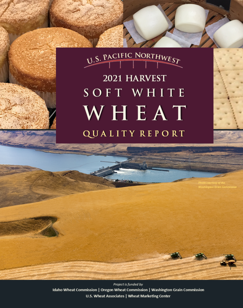 Cover of the 2021 Harvest Soft White Wheat Quality Report featuring images of bread, wheat kernels, wheat products, a farm landscape, and a field being harvested by combines.