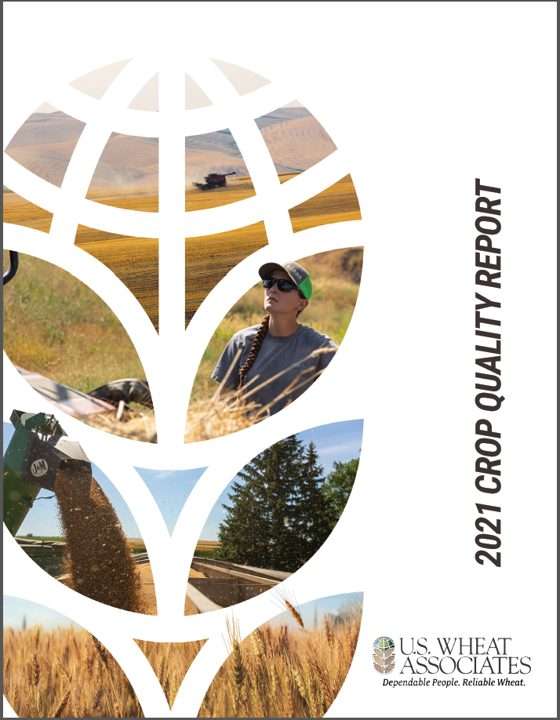 Cover of the 2021 Crop Quality Report showing people harvesting wheat in golden fields, with a stylized wheat graphic overlay. US Wheat Associates logo and slogan appear at the bottom right.