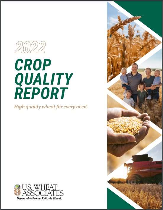 2022 Crop Quality Report cover featuring wheat fields, a multigenerational farming family, hands holding wheat grains, and a combine harvester. U.S. Wheat Associates logo and tagline at the bottom.