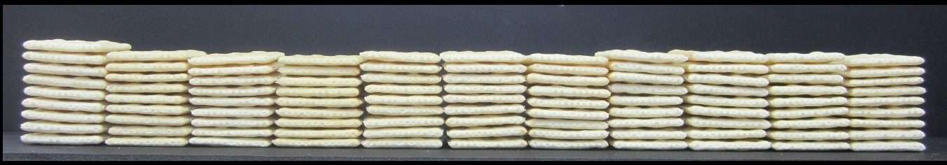Stacks of round, cream-filled sandwich cookies are arranged in a row against a dark background. The cookies are neatly piled, creating an organized, repetitive pattern.