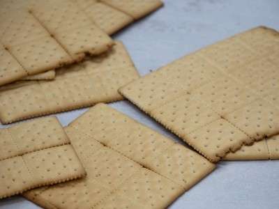 Several rectangular, cream-colored plain crackers with small holes and perforated lines are scattered on a light surface. Some crackers are overlapping each other, and a few are slightly broken.