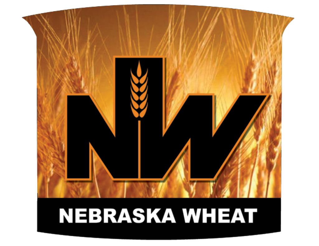 Logo with bold black letters NW featuring a wheat stalk in the N, set against a background of golden wheat. Below, a black band reads NEBRASKA WHEAT in white capital letters.