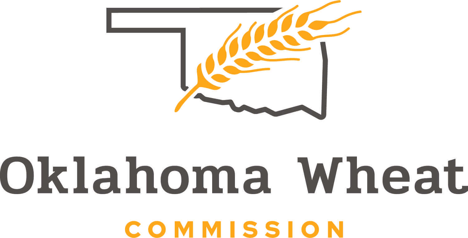 Logo for the Oklahoma Wheat Commission featuring an outline of the state of Oklahoma with a wheat stalk crossing it, and the words Oklahoma Wheat Commission below.