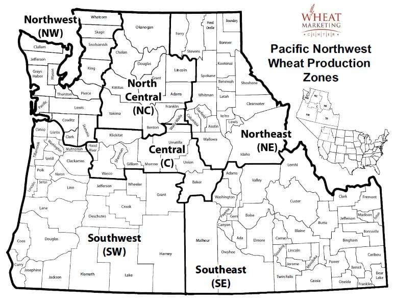 Black and white map of Pacific Northwest wheat production zones, showing divided regions: Northwest, Southwest, North Central, Central, Northeast, and Southeast with county names and boundaries labeled. Inset shows U.S. location.