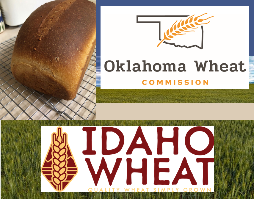 A loaf of bread on a cooling rack, along with logos for the Oklahoma Wheat Commission and Idaho Wheat, both featuring wheat graphics over fields of wheat.