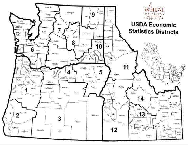 Black and white map showing USDA Economic Statistics Districts in the Pacific Northwest, divided into numbered regions 1–13, with county boundaries and names labeled. Includes small inset map of the U.S. highlighting the region.