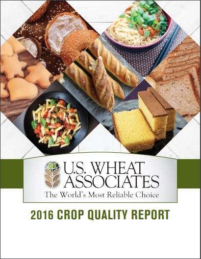 Cover of the 2016 Crop Quality Report by U.S. Wheat Associates, featuring various wheat-based foods like bread, pasta, cookies, salad, and cake above the organizations logo and report title.