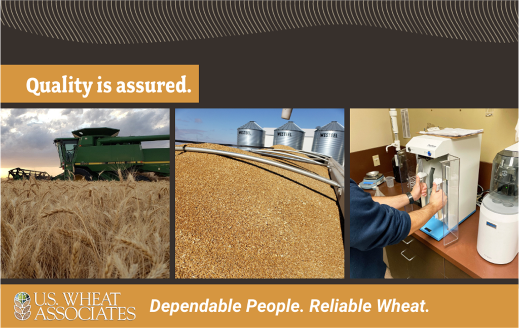 Collage with a combine harvester in a wheat field, wheat piled near grain silos, and a person testing wheat in a lab. Text: Quality is assured. Dependable People. Reliable Wheat. U.S. Wheat Associates.